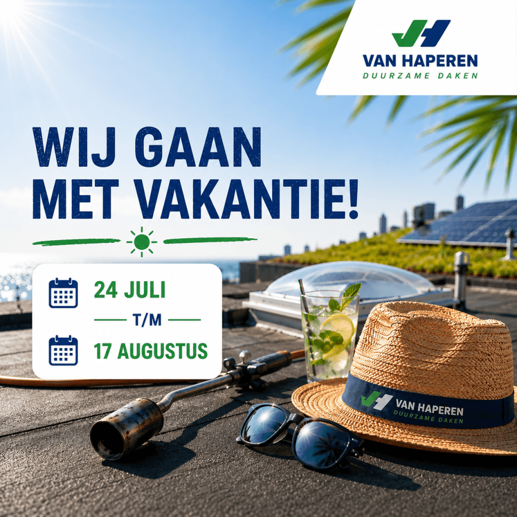 Van Haperen vacation notice: 'Wij gaan met vakantie!' 24 juli tot 17 augustus, zonnige strandscène met hoed en zonnebril