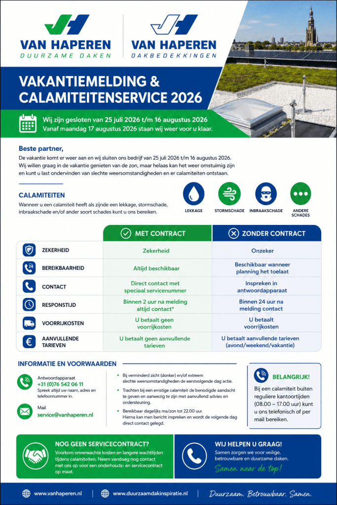Poster announcing Vakantiemelding & calamiteitenservice 2026 by Van Haperen, with dates and contact info on a blue-green layout.